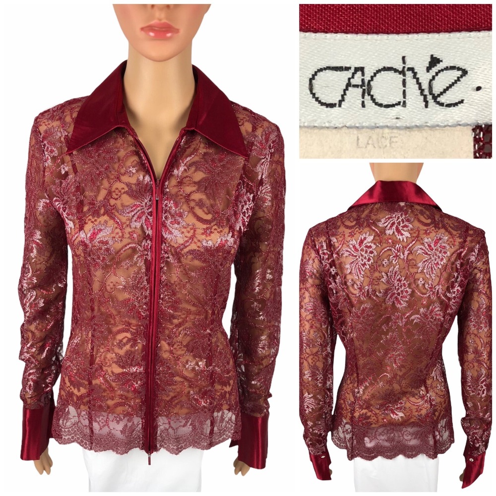 Cache Womens Small Jacket Top Red Burgundy Zip Floral Silver Vintage Satin USA